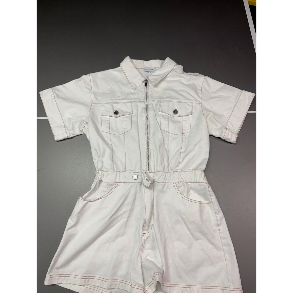 WeWoreWhat White Denim Utility Romper Short Sleeve Zip Front Tan Stitching L